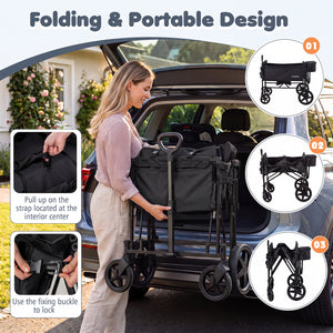 Foldable Wagon Stroller for 4 Kids with Removable Canopy and Adjustable Push