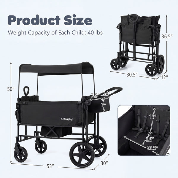 Foldable Wagon Stroller for 4 Kids with Removable Canopy and Adjustable Push