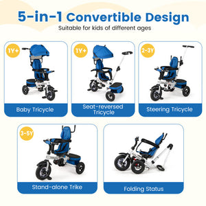 Folding Tricycle Baby Stroller with Reversible Seat and Adjustable Canopy-Blue