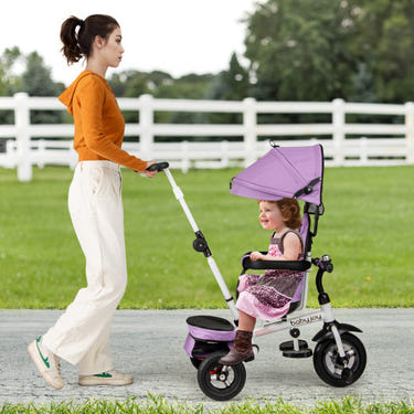 Folding tricycle baby stroller in pink with reversible seat and adjustable canopy, perfect for jogging and outdoor fun.