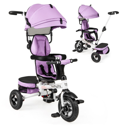 Folding tricycle baby stroller in pink with reversible seat and adjustable canopy, perfect for jogging and outdoor fun.