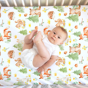 Forest Friends Fitted Crib Sheet in playful animal design, perfect for cozy nursery bedding.