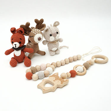 Handmade crochet toys for baby gym by Forest Family, perfect for playful and safe infant development.