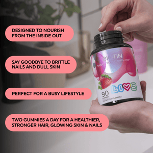 Biotin 10,000 mcg strawberry supplement for babies, angle 3 view showcasing vibrant packaging.