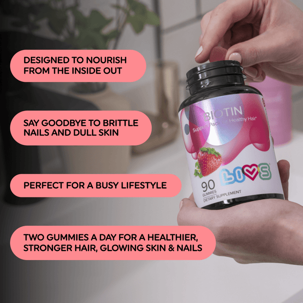 Biotin 10,000 mcg strawberry supplement for babies, angle 3 view showcasing vibrant packaging.
