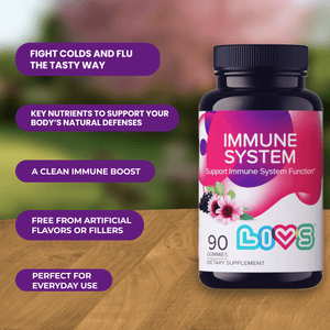 "Raspberry-flavored baby immune system booster in a bottle, angle 3 view."