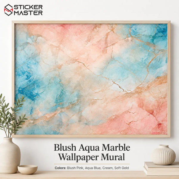 Blush Aqua Marble Wallpaper Mural | Pastel Pink Blue Wall Decor Art