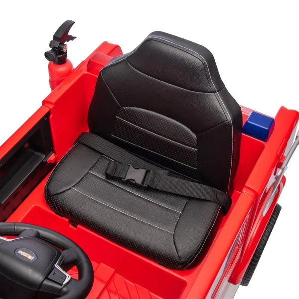 12V Freddo Fire Truck 1 Seater Ride On Car, angled view showcasing vibrant design and features for kids.