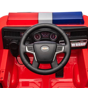 12V Freddo Fire Truck 1 Seater Ride On Car, angled view showcasing vibrant design and features for kids.