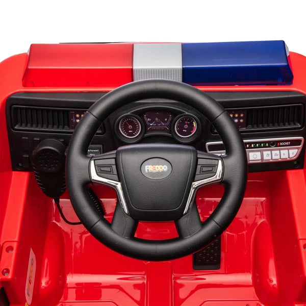 12V Freddo Fire Truck 1 Seater Ride On Car, angled view showcasing vibrant design and features for kids.