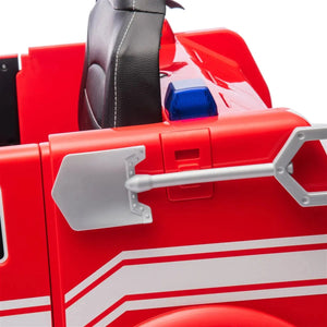 12V Freddo Fire Truck ride-on car for kids, single seater, angled view showcasing vibrant design and features.