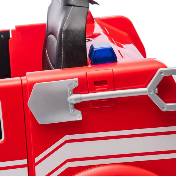 12V Freddo Fire Truck ride-on car for kids, single seater, angled view showcasing vibrant design and features.