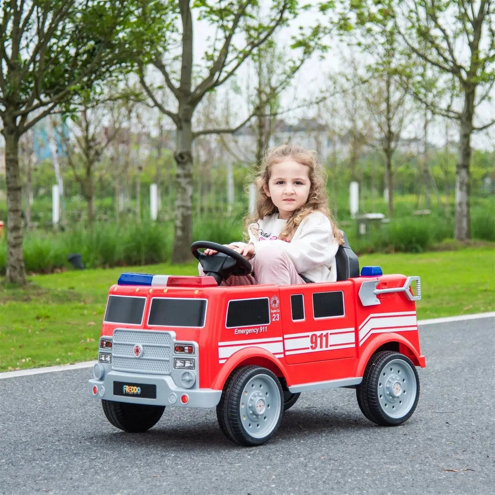 12V Freddo Fire Truck 1 Seater Ride On for kids, perfect for outdoor fun and imaginative play.