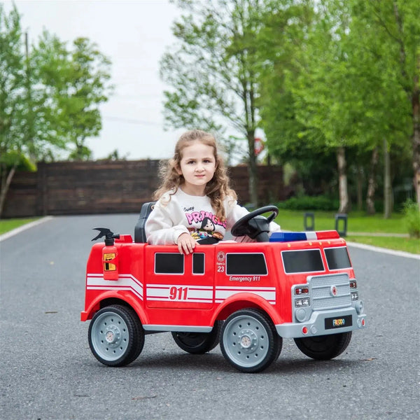 12V Freddo Fire Truck 1 Seater Ride On Car for kids, angled view showcasing vibrant design and features.