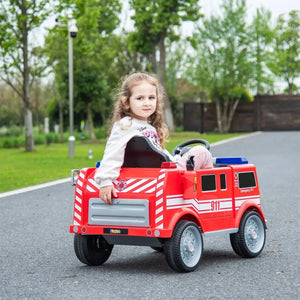 12V Freddo Fire Truck 1 Seater Ride On Car for kids, angled view showcasing vibrant design and features.