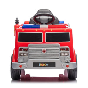 12V Freddo Fire Truck 1 Seater Ride On Car, angle view showcasing vibrant design and features for kids.