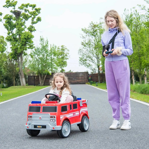 12V Freddo Fire Truck 1 Seater Ride On Car - Angle 8 view showcasing vibrant design and fun features for kids.