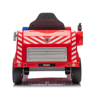 12V Freddo Fire Truck 1 Seater Ride On Car for kids, angled view showcasing vibrant design and features.