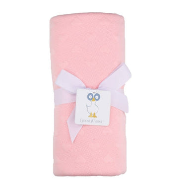 Soft pink knit baby blanket, perfect for keeping your little one cozy and stylish. Ideal for nurseries and baby gifts.