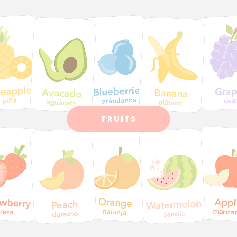 Colorful fruit flashcards for babies, promoting early learning and sensory play.