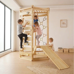 Hawthorn Indoor Playground | 93" Montessori Climbing Gym with Slide & Rope Net