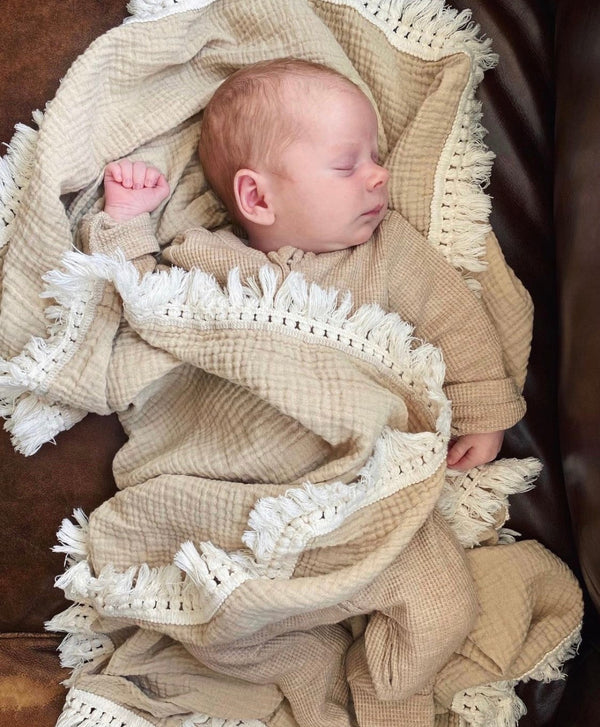Tan Fringe Muslin Swaddle Blanket