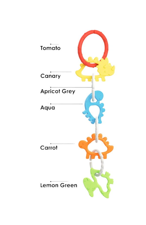 Colorful dinosaur linking rings teether for babies, promoting sensory play and motor skills development. Angle 2 view.