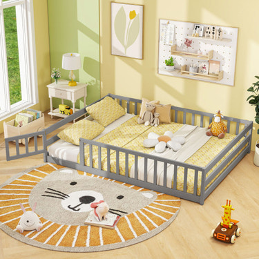Full Size Floor Bed with Full Length Safety Guardrails-Gray