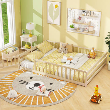 Full Size Floor Bed with Safety Guardrails in Natural Finish for Toddlers - Main Product Image