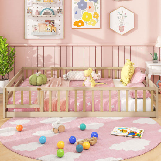 Full Size Floor Bed with Safety Guardrails in Natural Finish for Toddlers - Main Product Image