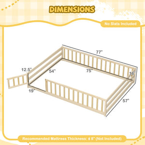 Full Size Floor Bed with Full Length Safety Guardrails-Natural