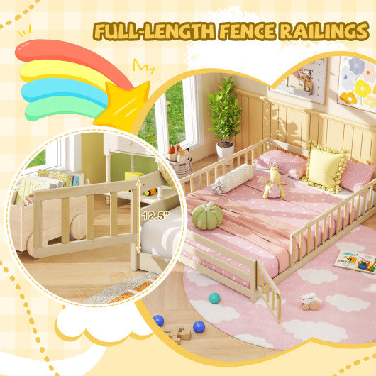 Full Size Floor Bed with Full Length Safety Guardrails-Natural