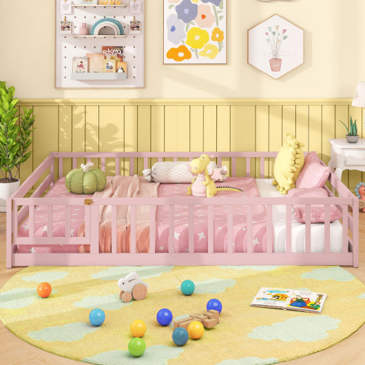Full Size Floor Bed with Full Length Safety Guardrails-Pink