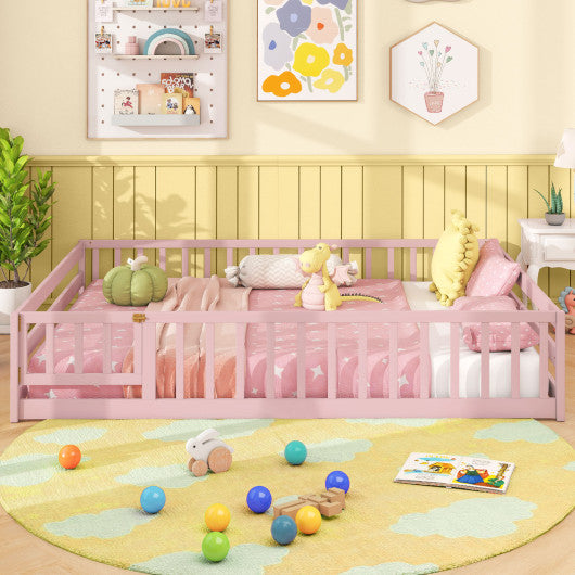 Full Size Floor Bed with Full Length Safety Guardrails-Pink