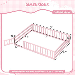 Full Size Floor Bed with Full Length Safety Guardrails-Pink