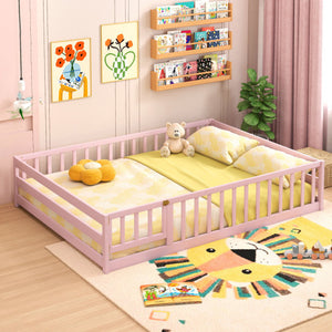 Full Size Floor Bed with Full Length Safety Guardrails-Pink