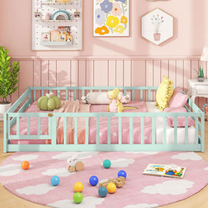 Full Size Floor Bed with Full Length Safety Guardrails-Light Green