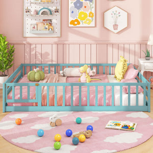 Full Size Floor Bed with Full Length Safety Guardrails-Dark Green