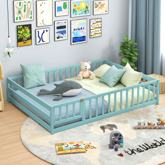 Full Size Floor Bed with Full Length Safety Guardrails-Dark Green