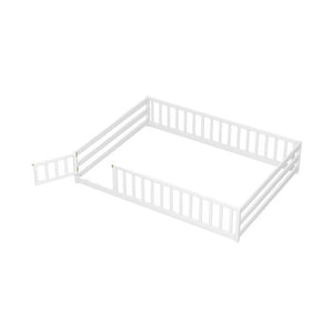 Full Size Floor Bed with Full Length Safety Guardrails-White