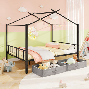 Full Size Metal House Bed for Kids in Black with 2 Fabric Drawers - Stylish Toddler Bed Design.