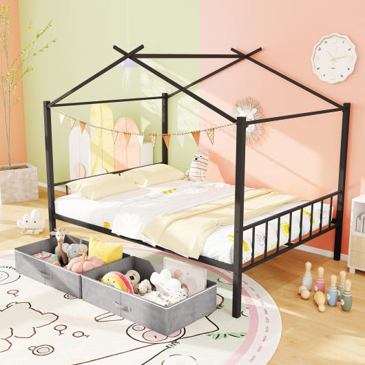 Full Size Metal House Bed for Kids in Black with 2 Fabric Drawers - Stylish Toddler Bed Design.