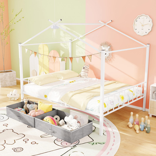 Full Size Metal House Bed with 2 Fabric Drawers for Kids-White