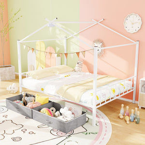 Full Size Metal House Bed with 2 Fabric Drawers for Kids-White