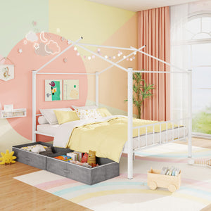 Full Size Metal House Bed with 2 Fabric Drawers for Kids-White