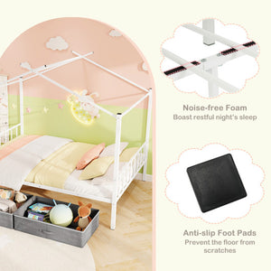 Full Size Metal House Bed with 2 Fabric Drawers for Kids-White