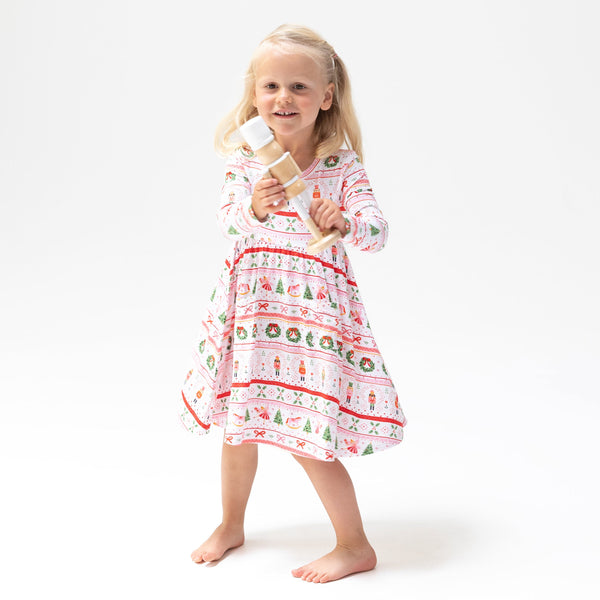 Sugar Plum Fairy - Nutcracker Fair Isle - Pink - Twirly Long Sleeve Dress