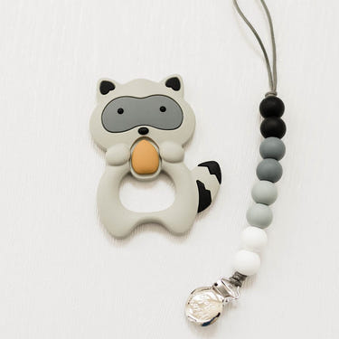 Gray Raccoon Teether Set for babies - safe, soft, and perfect for soothing gums.