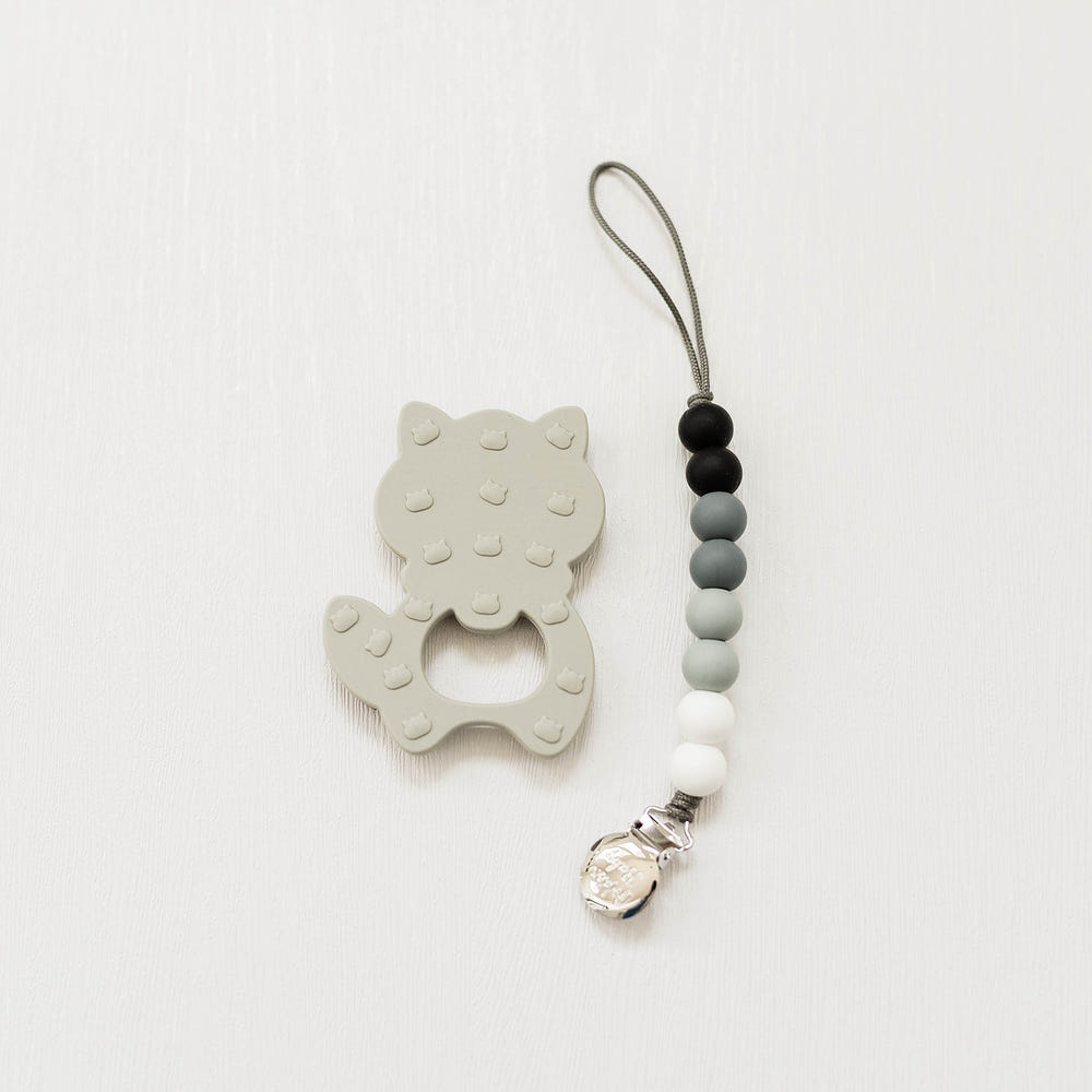 Gray Raccoon Teether Set for babies - safe, soft, and perfect for soothing gums.