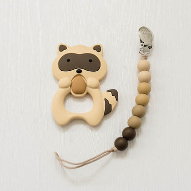 Brown Raccoon Teether Set for babies, perfect for soothing gums and teething relief.